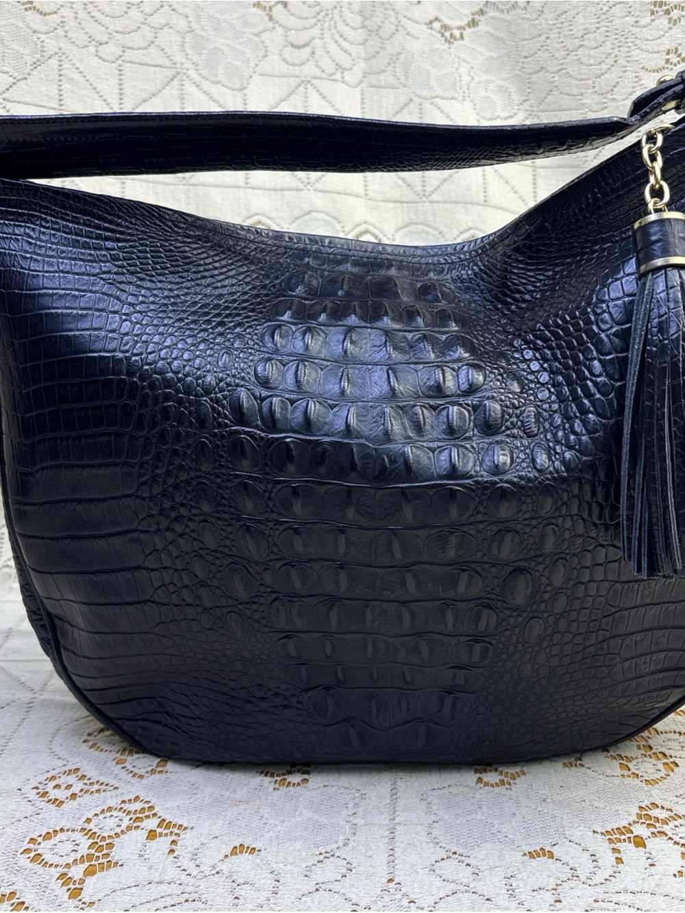Brahmin Jacqueline Black Melbourne Hobo Croc Embossed  Leather